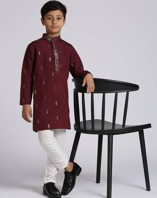 Traditional ethnic wear with silk sequence embroidery full sleeves kurta and pyjama set - wine 5