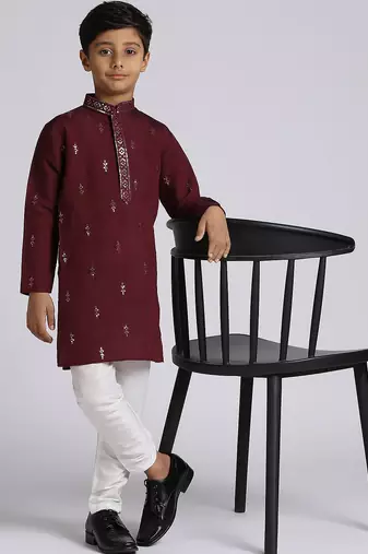 Traditional ethnic wear with silk sequence embroidery full sleeves kurta and pyjama set - wine