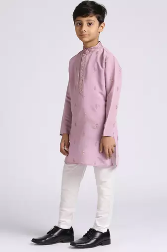 Traditional ethnic wear with silk sequence embroidery full sleeves kurta and pyjama set - purple