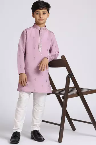 Traditional ethnic wear with silk sequence embroidery full sleeves kurta and pyjama set - purple