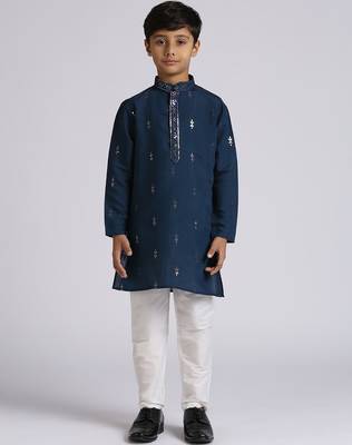 Traditional ethnic wear with silk sequence embroidery full sleeves kurta and pyjama set - blue 1