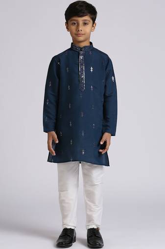 Traditional ethnic wear with silk sequence embroidery full sleeves kurta and pyjama set - blue