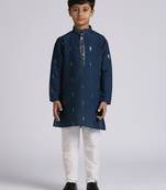 Traditional ethnic wear with silk sequence embroidery full sleeves kurta and pyjama set - blue