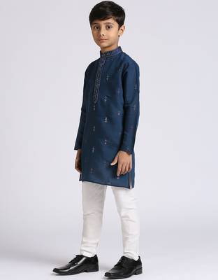 Traditional ethnic wear with silk sequence embroidery full sleeves kurta and pyjama set - blue 2