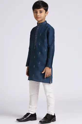 Traditional ethnic wear with silk sequence embroidery full sleeves kurta and pyjama set - blue
