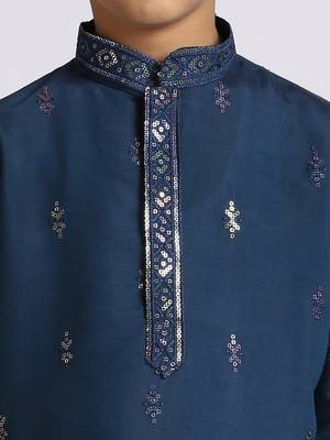 Traditional ethnic wear with silk sequence embroidery full sleeves kurta and pyjama set - blue 3