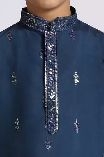 Traditional ethnic wear with silk sequence embroidery full sleeves kurta and pyjama set - blue