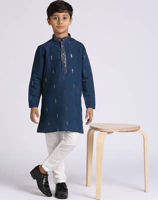 Traditional ethnic wear with silk sequence embroidery full sleeves kurta and pyjama set - blue 5