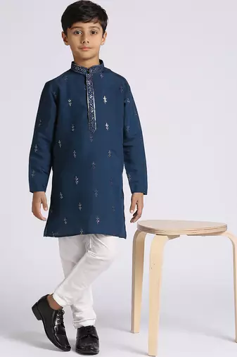 Traditional ethnic wear with silk sequence embroidery full sleeves kurta and pyjama set - blue