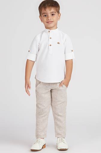 Traditional ethnic full sleeves short kurta shirt and pant set - white