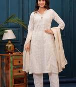 Off White Chikankari Kurta And Pant Set With Chanderi Dupatta