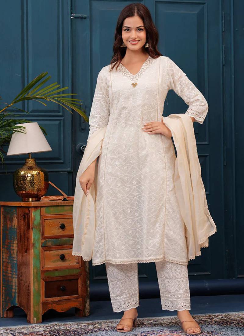 Off White Chikankari Kurta And Pant Set With Chanderi Dupatta
