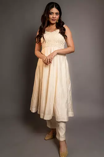 White plain chanderi anarkali set