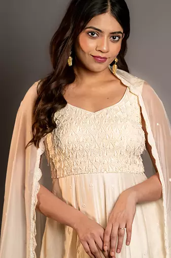 White plain chanderi anarkali set