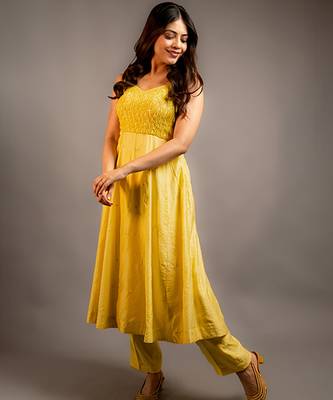 Yellow plain chanderi anarkali set 1
