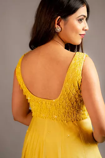 Yellow plain chanderi anarkali set