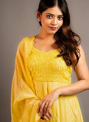 Yellow plain chanderi anarkali set 4