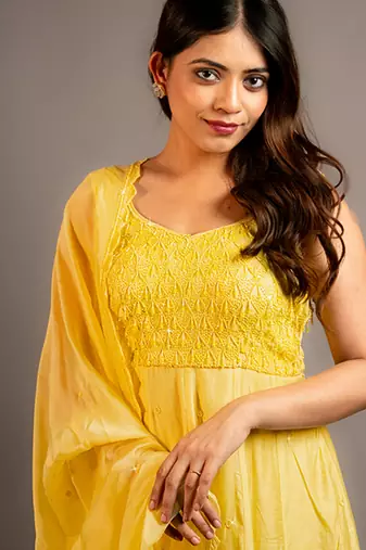 Yellow plain chanderi anarkali set