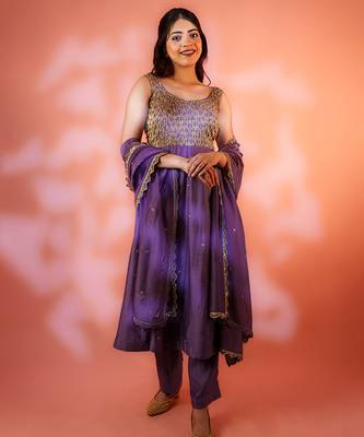 Purple embroidered chanderi anarkali set 1