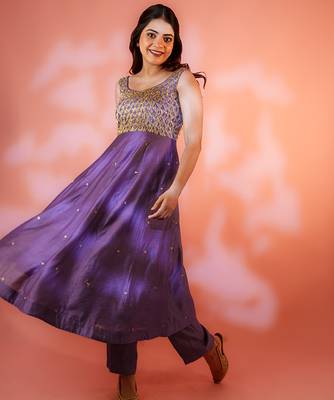 Purple embroidered chanderi anarkali set 2