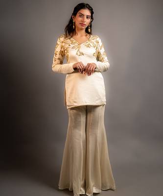 White embroidered satin kurta set 1