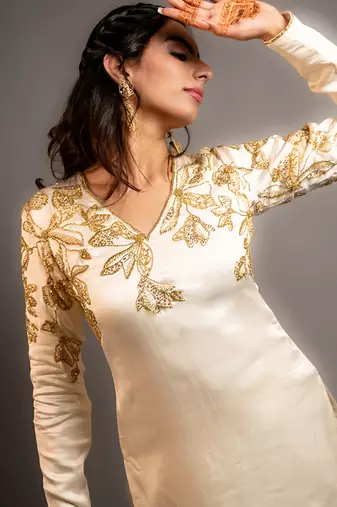 White embroidered satin kurta set