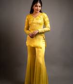 Yellow embroidered satin kurta set