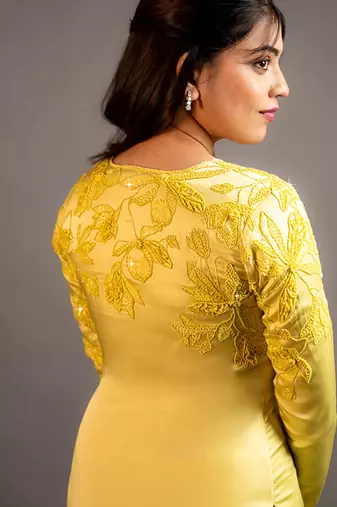 Yellow embroidered satin kurta set