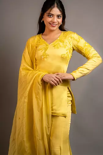 Yellow embroidered satin kurta set
