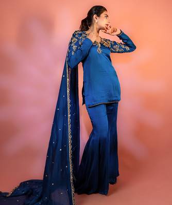 Blue embroidered satin sharara set 1