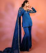 Blue embroidered satin sharara set