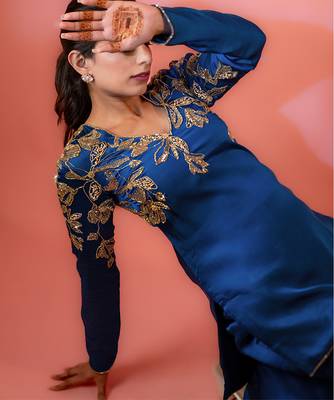 Blue embroidered satin sharara set 2