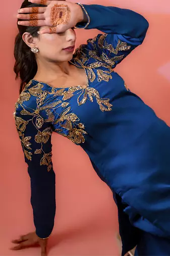 Blue embroidered satin sharara set