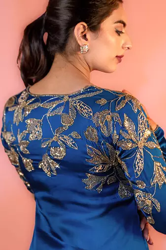 Blue embroidered satin sharara set