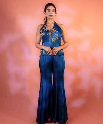 Navy-blue embroidered satin sharara set 1