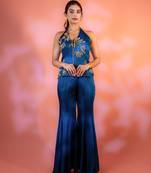 Navy-blue embroidered satin sharara set