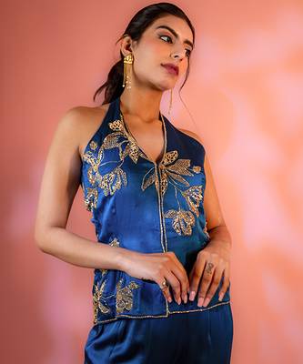 Navy-blue embroidered satin sharara set 2