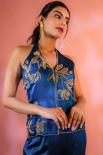 Navy-blue embroidered satin sharara set
