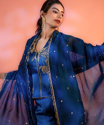 Navy-blue embroidered satin sharara set 3