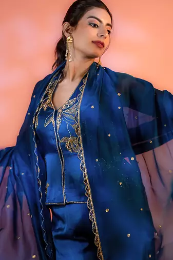 Navy-blue embroidered satin sharara set