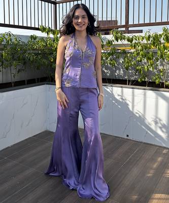 Light purple embroidered satin sharara set 1