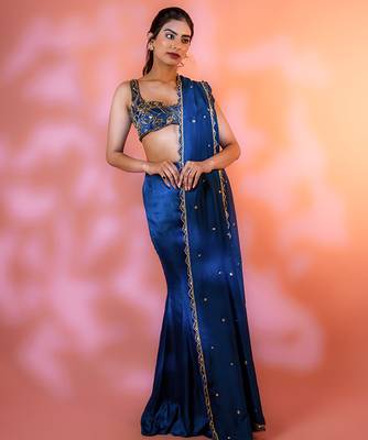 Navy-blue embroidered satin Saree 1