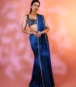 Navy-blue embroidered satin Saree