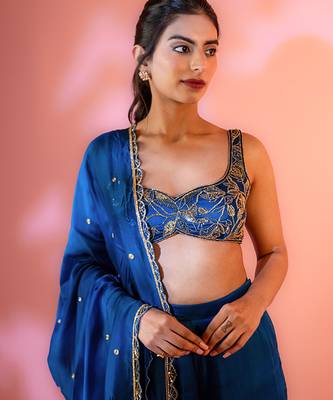 Navy-blue embroidered satin Saree 2
