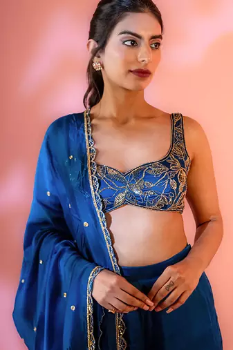 Navy-blue embroidered satin Saree