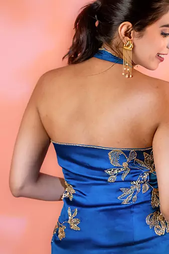 Navy-blue embroidered satin Saree