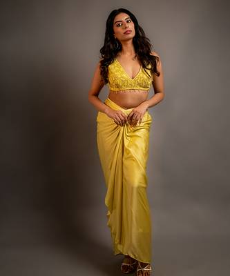 Yellow satin plain skirt with dupatta & embroidered blouse 1