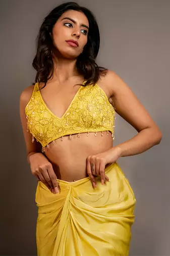 Yellow satin plain skirt with dupatta & embroidered blouse