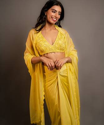 Yellow satin plain skirt with dupatta & embroidered blouse 3