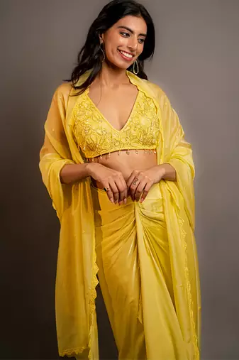 Yellow satin plain skirt with dupatta & embroidered blouse